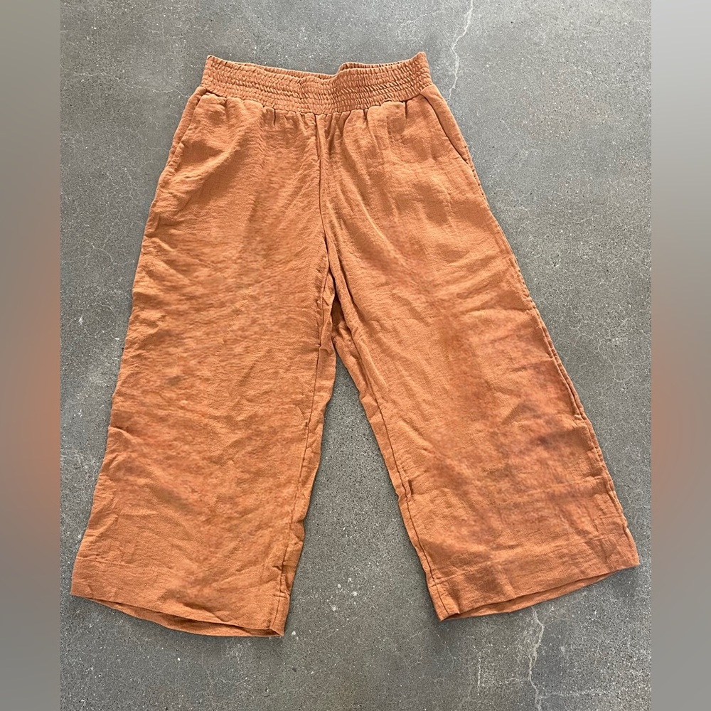 Linen blend, dark orange, loose-fit, stretchy waistband size Large